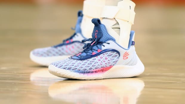 Detailed view of Stephen Curry's shoes.